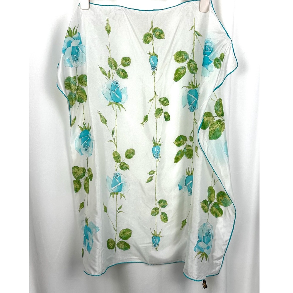 Vintage ‘Another Hit’ Square White + Blue Roses Rayon Scarf - Made in Japan